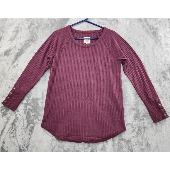 Chaser Waffle Knit Thermal Top Size L Purple Mauve Long Sleeves Button Cuffs - Picture 1 of 9